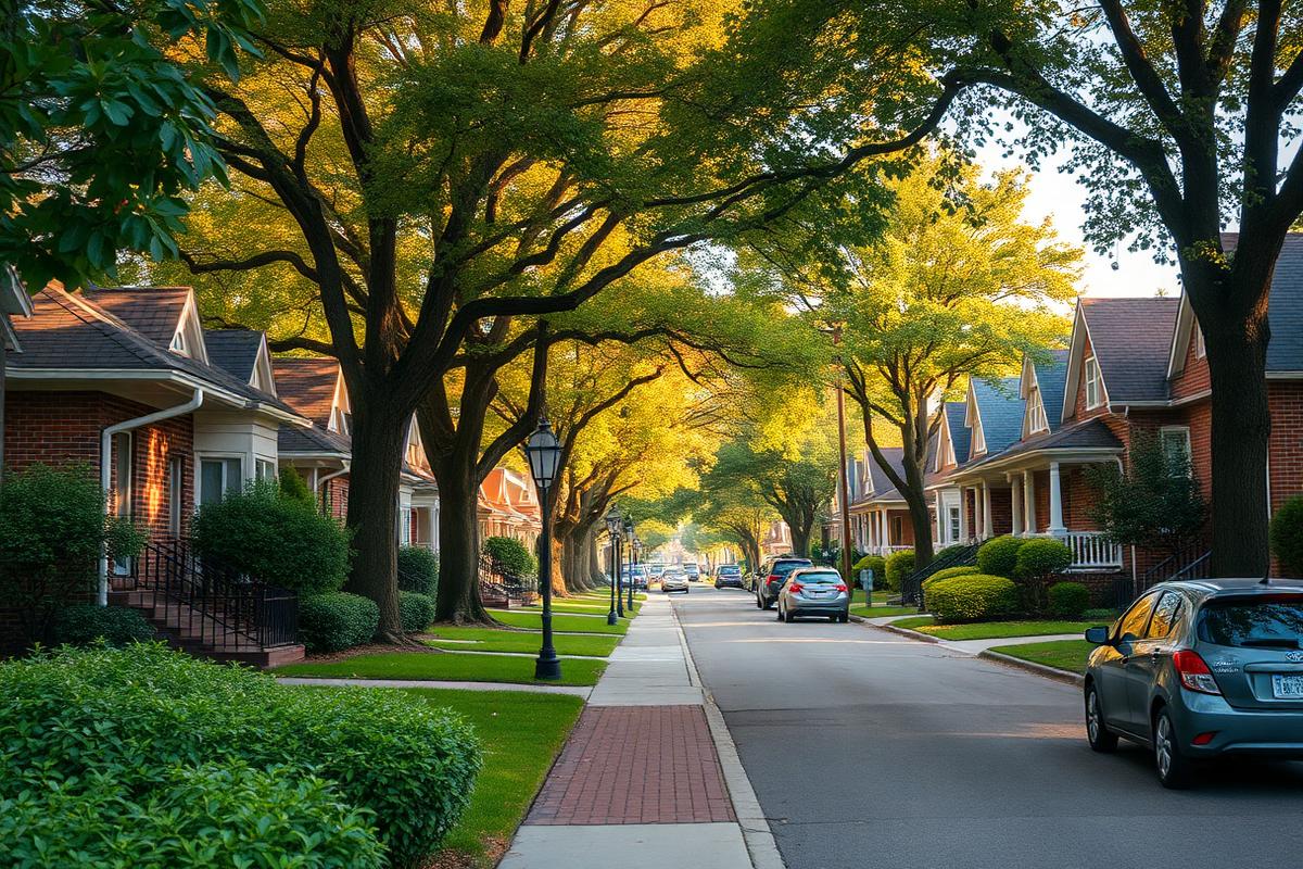 Tree-lined urban residential street with brick bungalow homes in southwest Atlanta