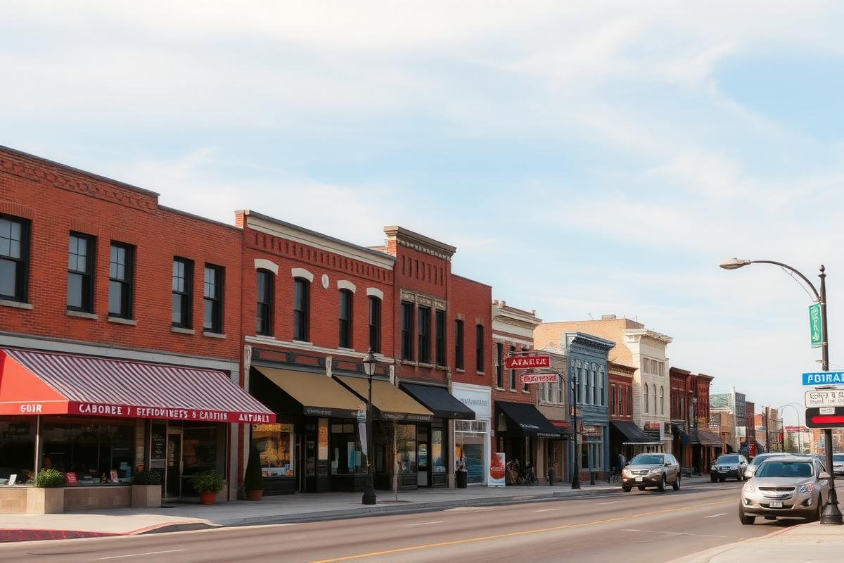 Low-rise business district street with brick storefronts and offices on a clear day
