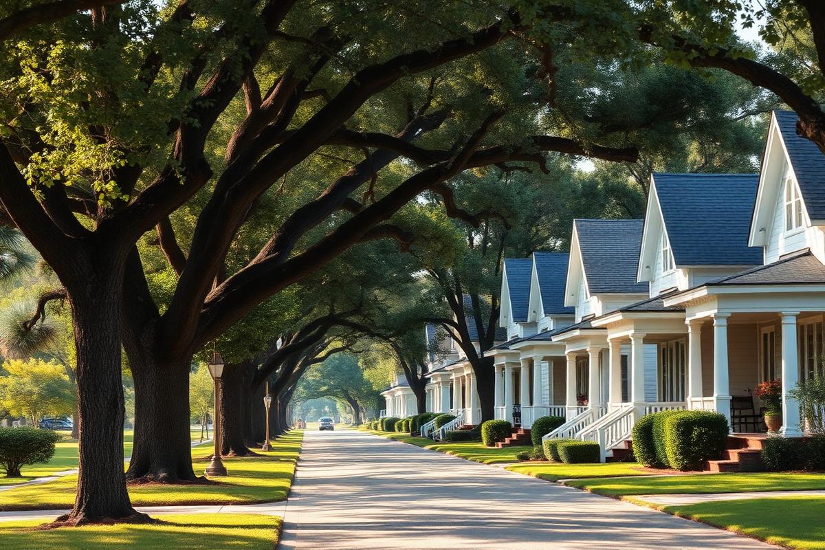 Shaded suburban Georgia street with craftsman houses and covered front porches