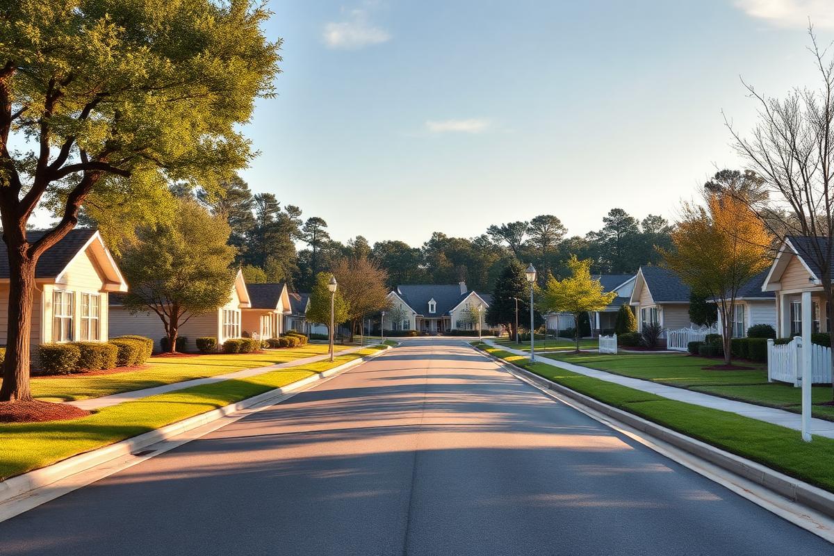 Quiet suburban Georgia neighborhood street with single-family homes and mature trees