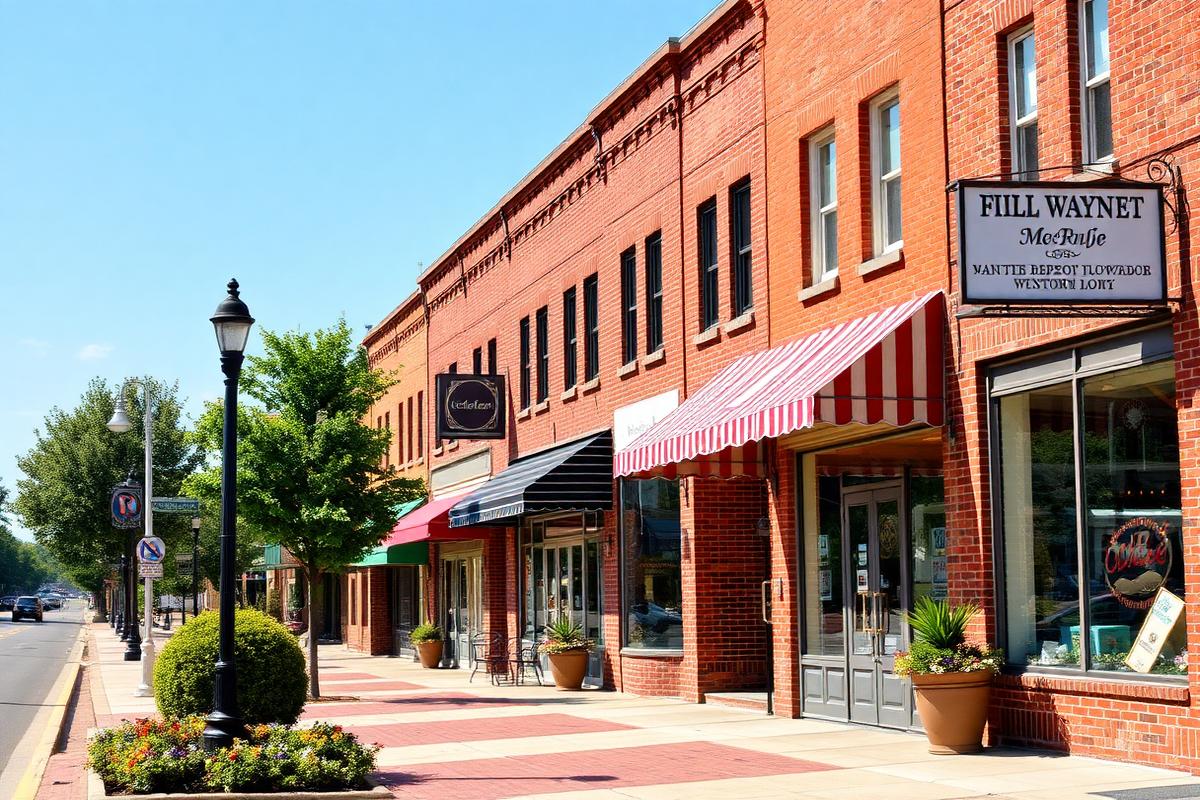 Small-town Georgia main street lined with brick commercial buildings and awnings
