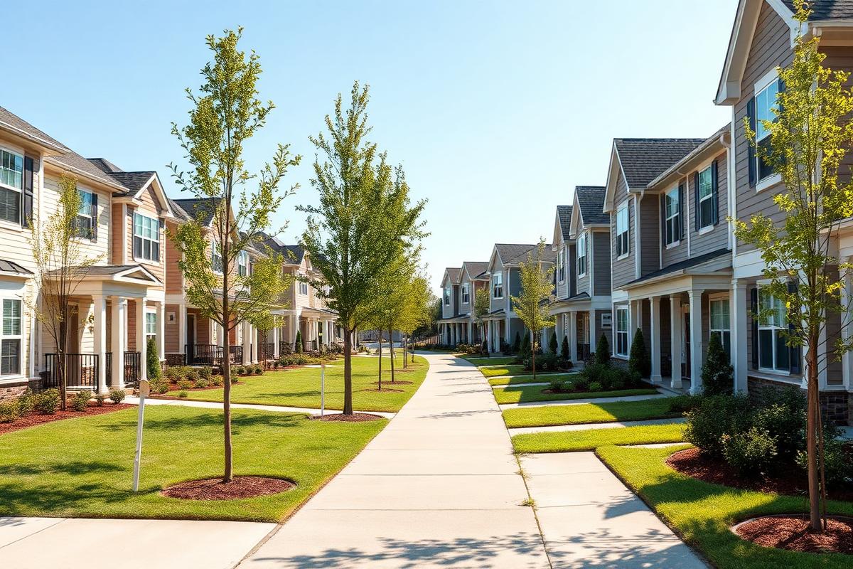 Modern suburban Georgia neighborhood with new townhomes, sidewalks, and young trees