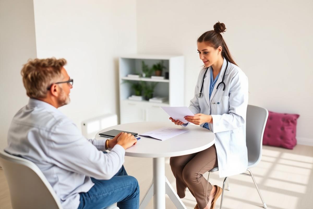 Healthcare professional explaining testing paperwork to a seated client in a bright neutral room