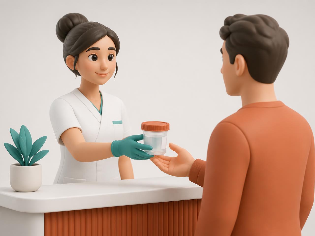 Healthcare professional in gloves handing a sealed specimen collection cup to a client