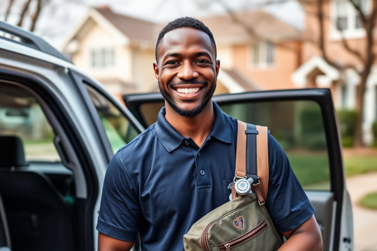 Smiling mobile health provider with a supply bag beside a vehicle in a residential neighborhood